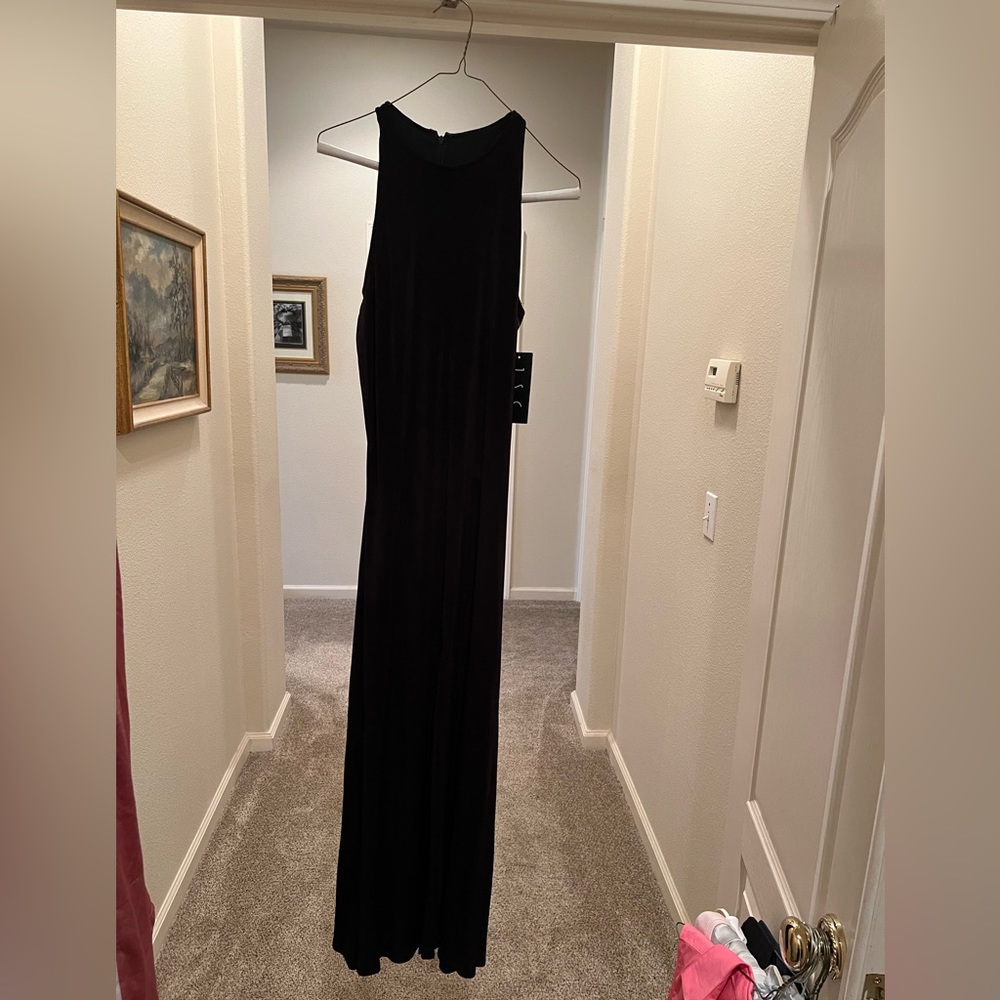 JSC travelers full length racer back black dress.